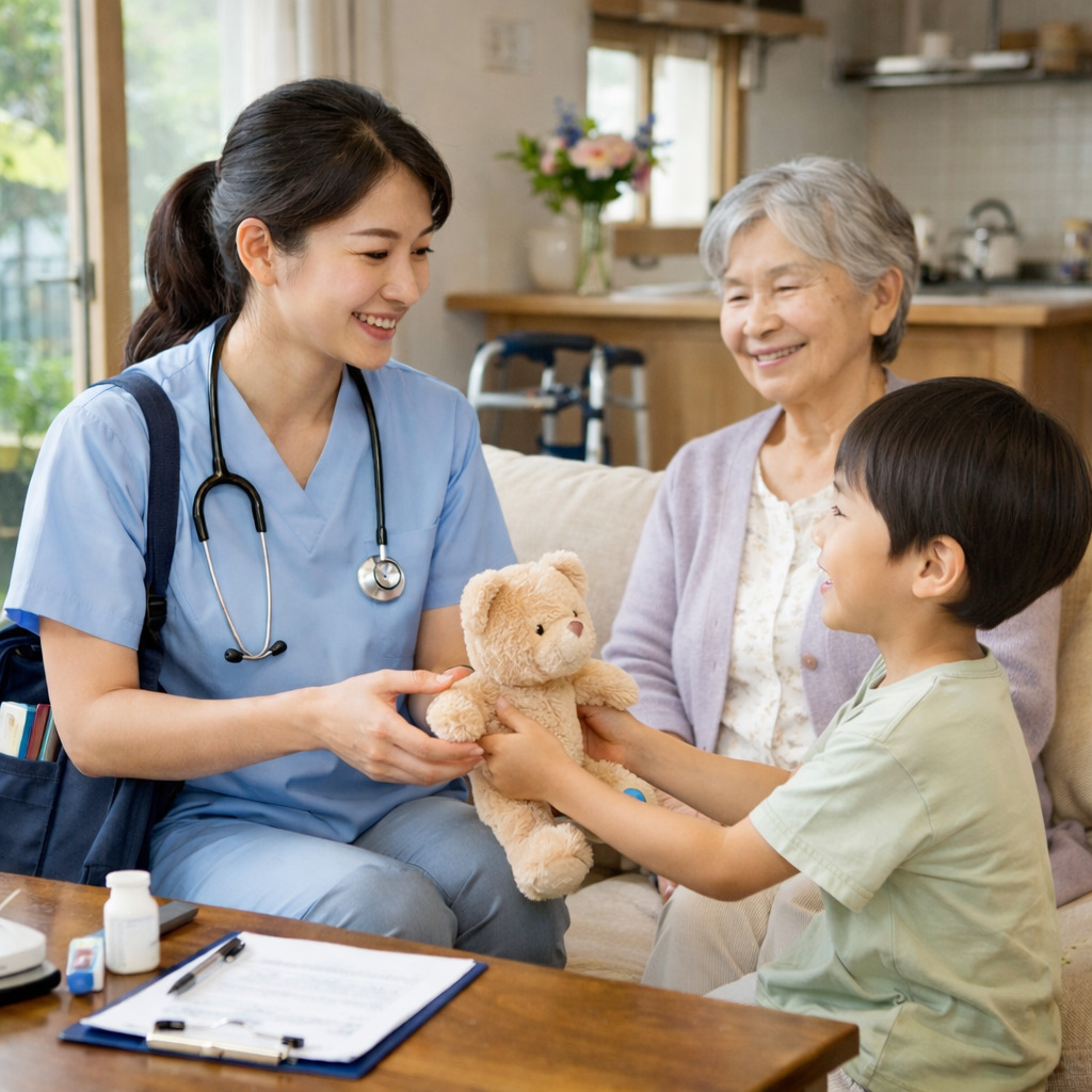 笑顔で子供にぬいぐるみを渡す看護師と見守る高齢女性
